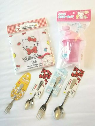 Sanrio Hello Kitty Mixup Set Straw Cup Knives & Forks Lunchbox Cloth