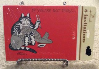 NOS 1982 B.  Kliban Cat eating fish Hallmark 16 invitations “If you’re not busy” 2