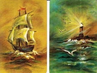 2 Vintage Single Swap Playing Cards Ship Lighthouse Scenes
