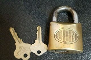 Vintage Lion Lock Co.  Brass Padlock With 2 Keys,  Patina Hardened Steel.  2 "