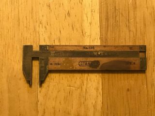 Vintage STANLEY 136 - 1/2 Wood & Brass Rule / Caliper Tool Made in USA 3