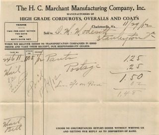 Charlottesville Va H C Marchant Mfg - Overalls & Coats 1912 Billhead,  Cachet Cover