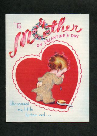 1948 Valentine Card Cute Little Boy For Mother Who Spanked My Little Bottom Red