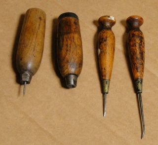 4 Antique Wood Handle Tools,  Awl - Pick
