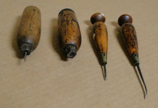 4 Antique Wood Handle Tools,  Awl - Pick 3