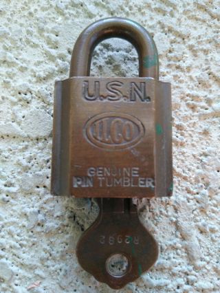 Vintage U.  S.  N.  Navy Ilco Independent Lock Co.  Brass Padlock W/ Key