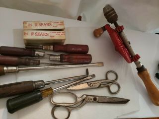Antique Tools Wood Handle Screwdrivers Hand Crank Drill,  Vintage Siccors