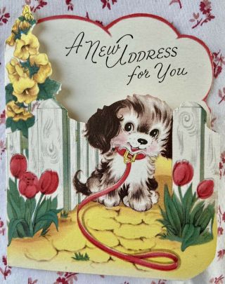 Vintage Mid Century Die - Cut Puppy Dog Picket Fence Tulips Greeting Card