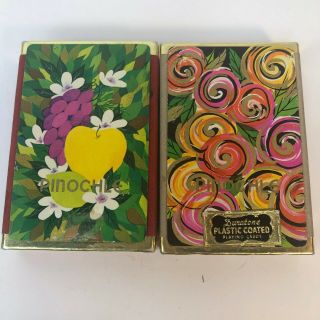 Vintage Plastic Coated Duratone Pinochle Deck Playing Cards Mod Floral Fruit