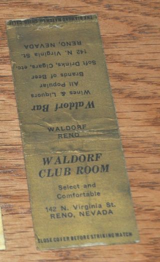 1930s Reno Nv Advertising Matchbook Waldorf Club Room & Bar Virginia St.