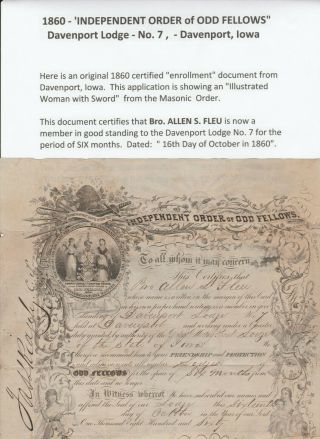 1860 - Great Document For " Independent Order Of Odd Fellows " In Davenport,  Iowa