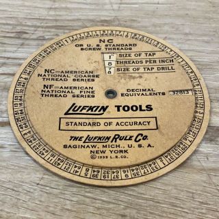 Vintage 1935 Lufkin Pipe Threads & Screw Threads Tap & Drill Size Wheel Chart