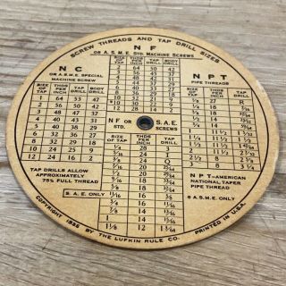 Vintage 1935 Lufkin Pipe Threads & Screw Threads Tap & Drill Size Wheel Chart 2