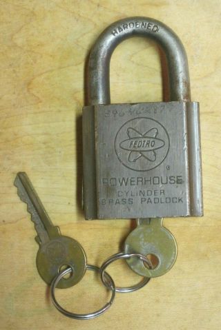 Vintage Fedtro Powerhouse Cylinder Brass Padlock W 2 Keys,  Heavy Weight 2 " X3.  5 "