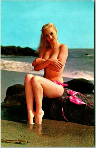 Vintage Pin - Up Girl Postcard Topless Blonde Girl On Beach C1960s