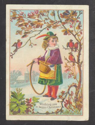 C7805 Victorian Xmas Card: Girl Feeding Birds 1870s