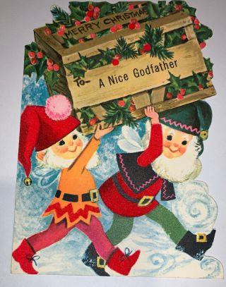Vintage Gibson 1960’s Christmas Godfather Greeting Card Elves