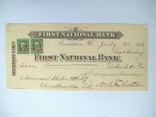 Antique 1898 Canceled Check First National Bank Beardstown,  Ill