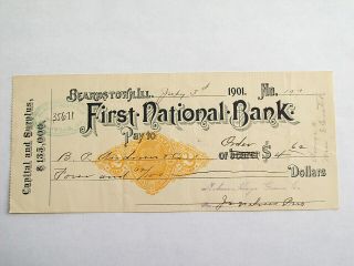 Antique 1901 Canceled Check First National Bank Beardstown,  Ill