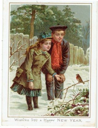 Victorian Year Greetings Card Boy & Girl Watching A Robin H & F