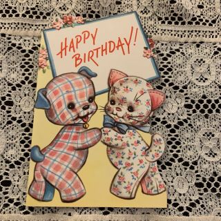 Vintage Greeting Card Birthday Rust Craft Cat Dog Patchwork
