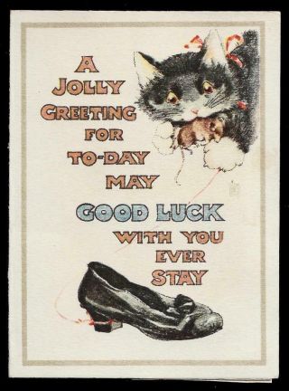 Y47 - Cat With Mouse Plays With Shoe - Vintage Folding Xmas Card - Artist Signed