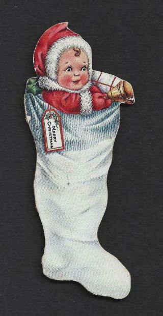 Y12 - Santa Baby In Stocking - Vintage Folding Diecut Shaped Xmas Card