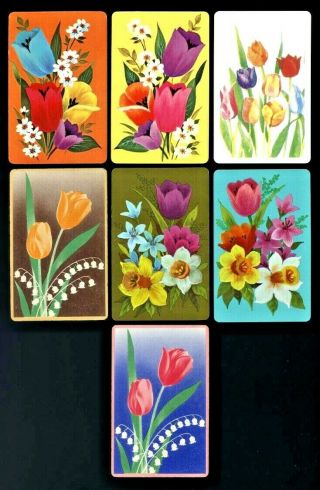 7 Listed Swap Playing Cards Assortment Of Colored Tulips Daffodils & Snow Drops