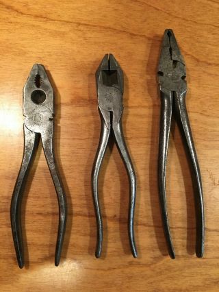 Vintage Lineman/electrician Pliers,  Dunlap - 7 - 3/8 ",  Utica 1000 - 8 - 1/2 ",  Usa (3pc)