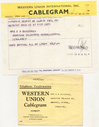 Orig 1965 Western Union Cablegram Telegram,  Envelope,  Skidmore,  Wirral Interest
