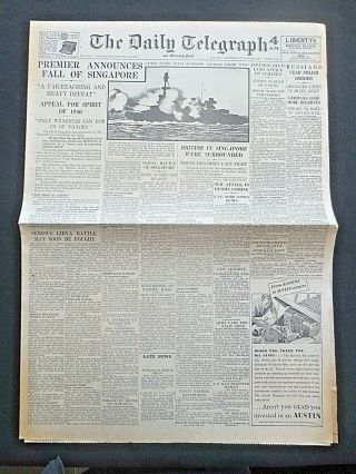 Uk Ww2 Newspaper Fall Of Singapore Announced February 16 1942 Daily Telegraph