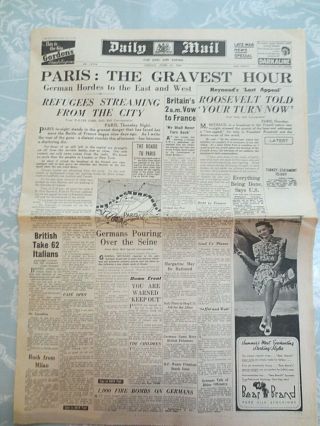 Uk Ww2 Newspaper Paris Gravest Hour Evacuees June 14 1940 Daily Mail Wartime