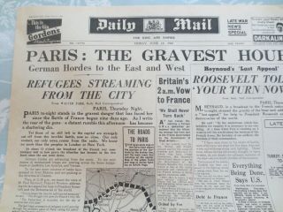 UK WW2 Newspaper Paris Gravest Hour Evacuees June 14 1940 Daily Mail Wartime 2