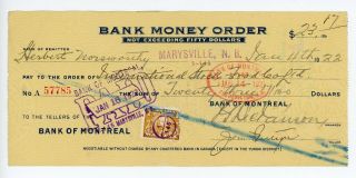 1922 Bank Of Montreal Money Order Marysville Nb Brunswick - Canada - War Tax