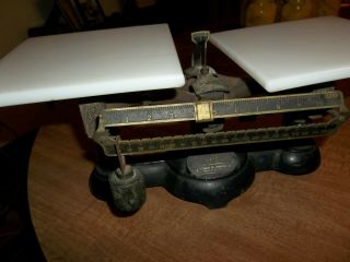 Vintage Ohaus Milk Glass,  Cast Iron And Brass Balance Scale.  No Weights