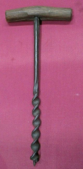 Primitive Antique T Handle Wood Auger Barn Beam Hand Drill 3/4 " - Hand Forged