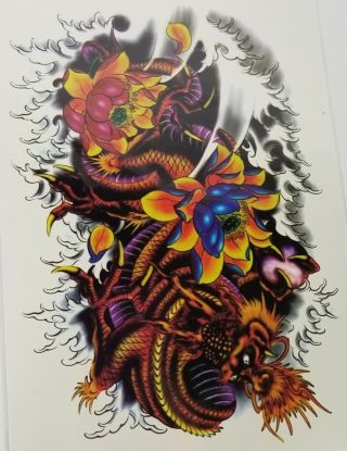 Two Pack Large Floral Chinese Dragon 8 Inch Temporary Tattoos Colorful Bright