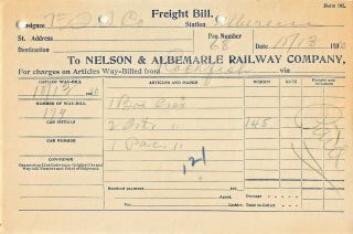 Nelson And Albemarle Railway Company Virginia - Freight Bill 1910 Billhead