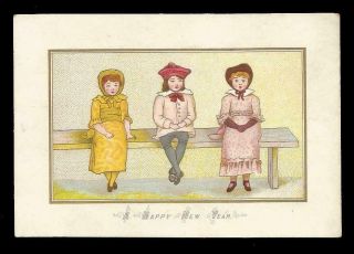 R60 - Children Sitting On A Bench - Victorian Year Card - Kate Greenway ?