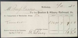 1880 Bill Of Lading Boston & Albany Railroad,  Wellesley,  Mass.  Freight