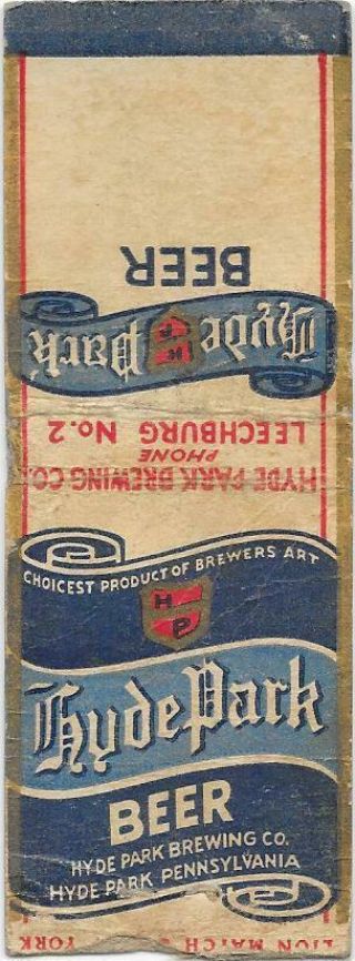 Hyde Park Beer Matchbook - Hyde Park,  Pa - 1930 