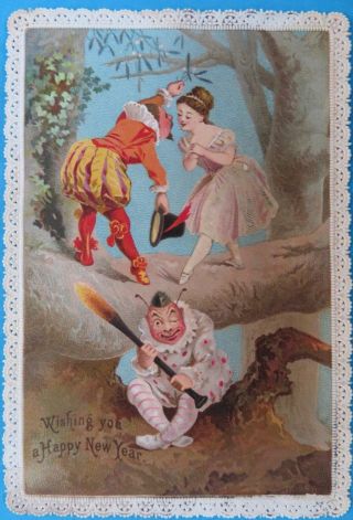 Victorian Goodall Year Card Lovers Clown Jester Little People On Branch