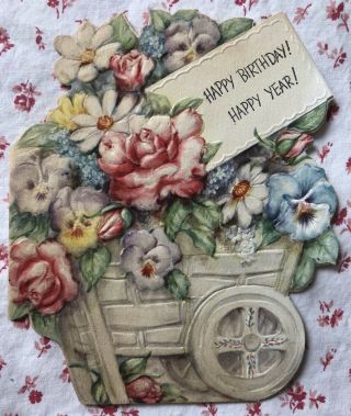 Vintage Mid Century Die - Cut Birthday Card Flower Cart Roses,  Pansies,  Daisies