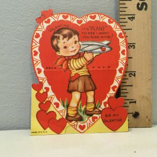 Vtg Valentine Card Little Boy Short Pants Toy Airplane