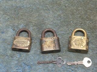 3 Small Old Brass Padlock Lock 2 With A Key.  Record,  Acme,  Independent.  N/r