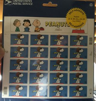 Sheet 20 Snoopy Peanuts Stamps: Charles Schulz Cartoon Wwi Flying Ace Pilot