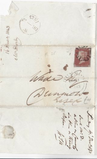 1843 Qv London Mx Maltese Cross On Letter With A 1d Red Stamp Pl 35 99p Start