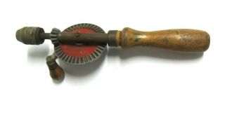 Vintage Red Wheel Steel Wooden Handle Hand Crank Egg Beater/Drill Made in USA 2
