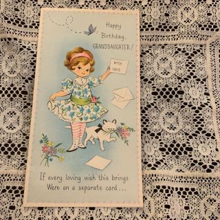 Vintage Greeting Card Granddaughter Cute Girl Floral Dress Cat Kitten Ladder