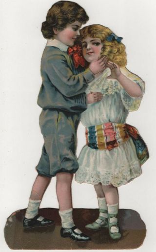 Girl Boy Dancing Antique Victorian Scrap Ephemera Die Cut Embossed Card Dance